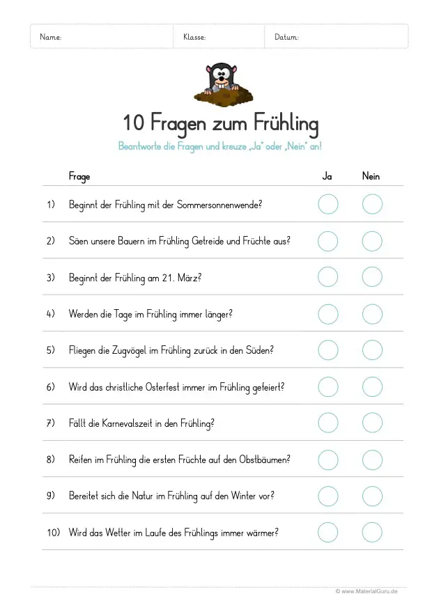 Arbeitsblatt: 10 Fragen zum Frühling