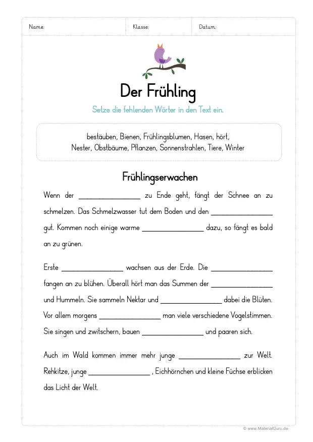 Arbeitsblatt: Lückentext zum Frühling