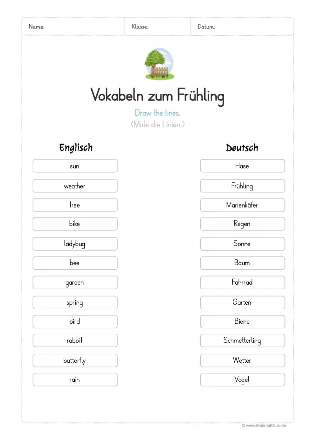 Arbeitsblatt: Vokabeln zum Frühling verbinden (Englisch/Deutsch)