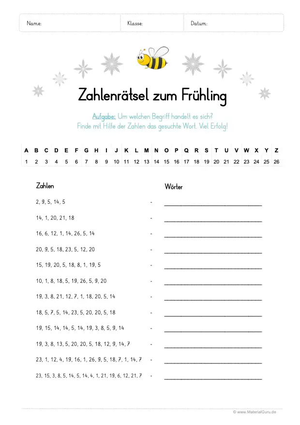 Arbeitsblatt: Zahlenrätsel zum Frühling