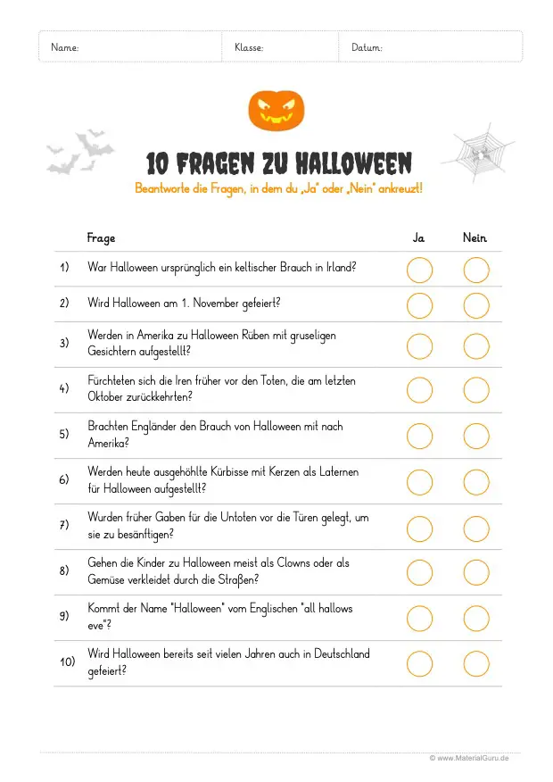 Arbeitsblatt: 10 Fragen zu Halloween