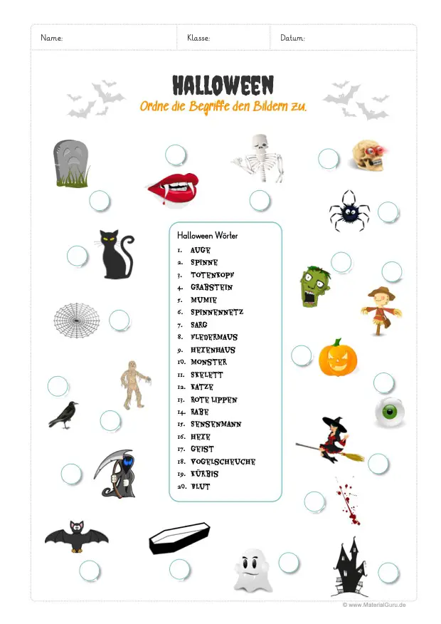 Arbeitsblatt: 20 Halloween Abbildungen zuordnen