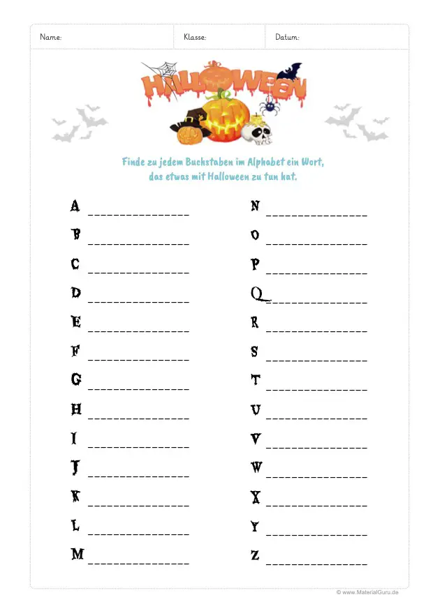 Arbeitsblatt: Halloween ABC