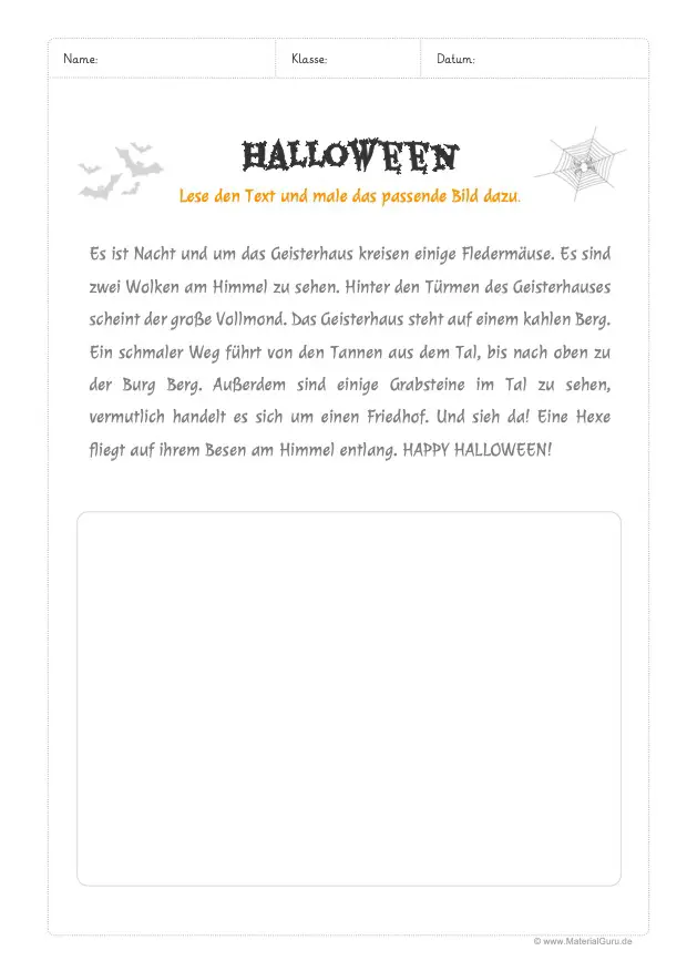 Arbeitsblatt: Lesen und Malen zu Halloween