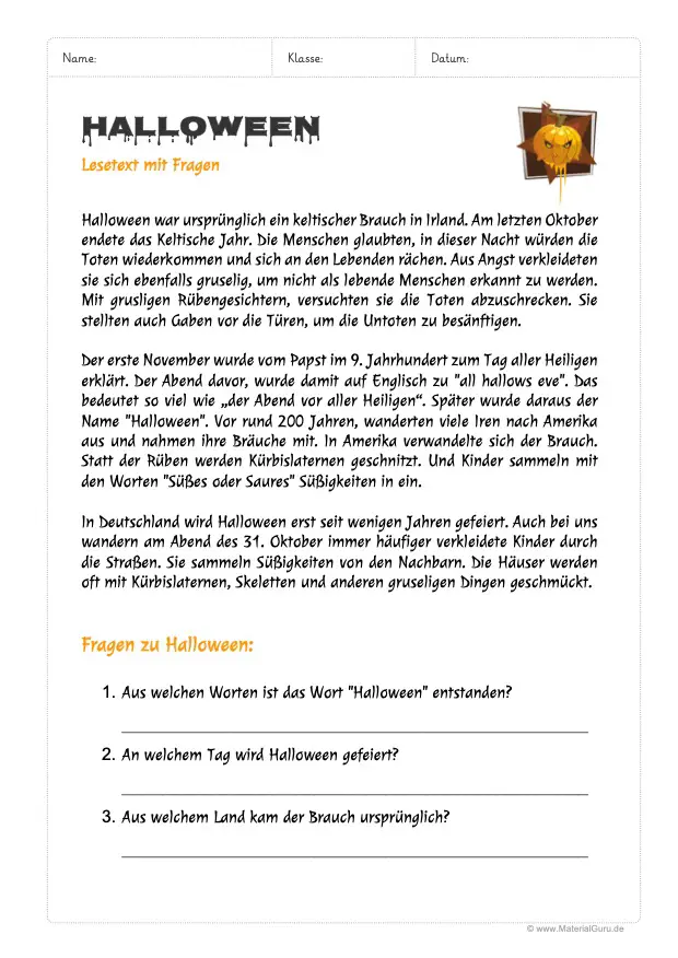 Arbeitsblatt: Lesetext Halloween