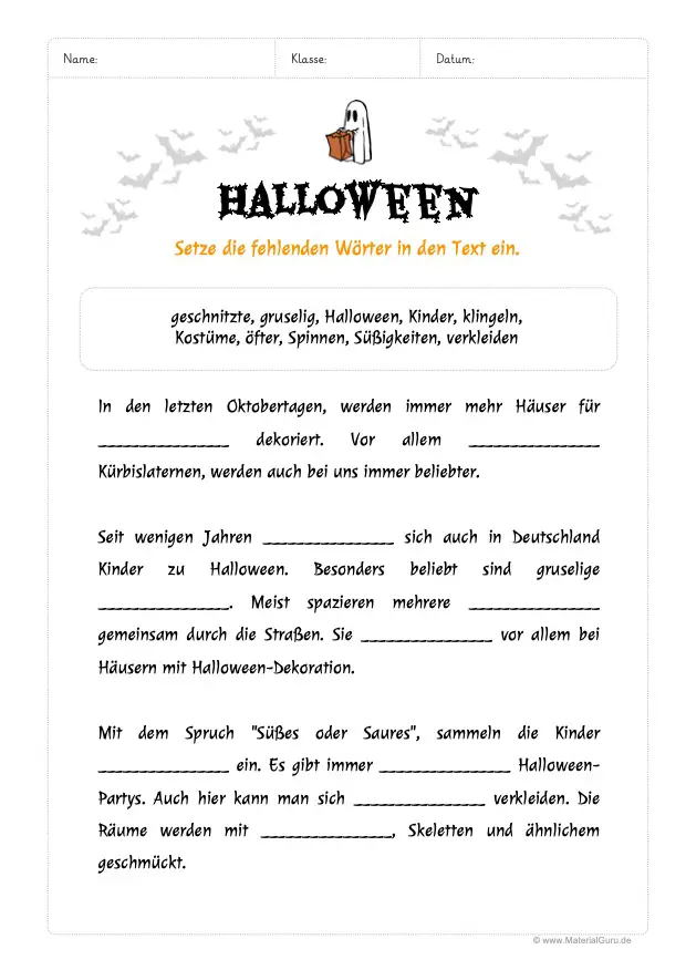 Arbeitsblatt: Halloween Lückentext