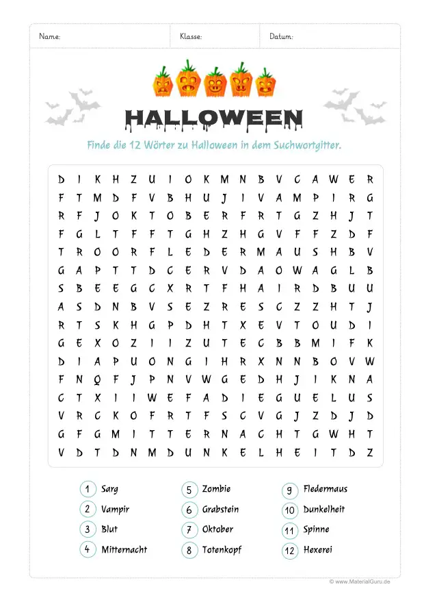 Arbeitsblatt: Halloween Suchsel
