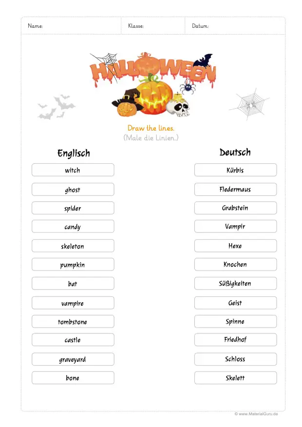 Arbeitsblatt: Halloween Wörter übersetzen (Englisch/Deutsch)