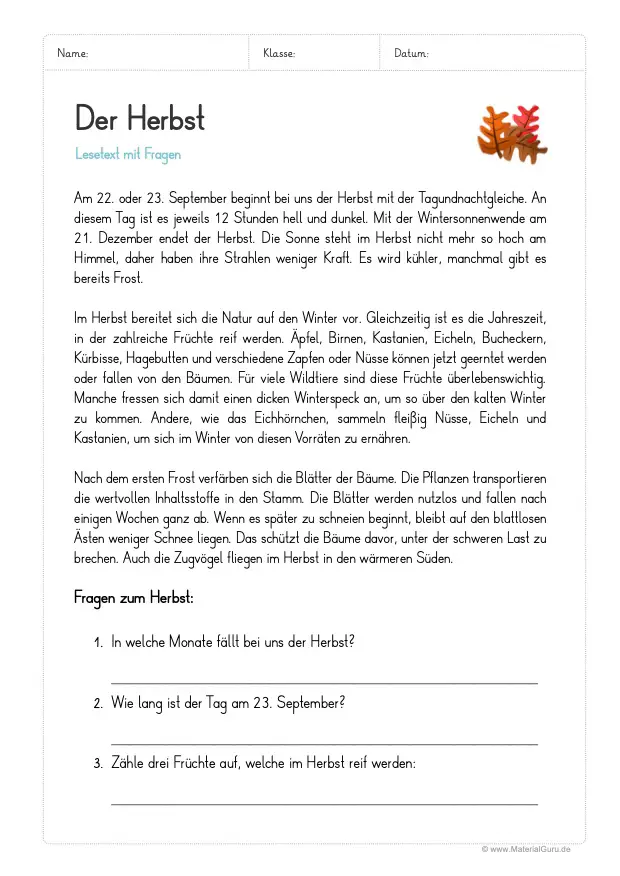 Arbeitsblatt: Lesetext zum Herbst (mit Fragen)