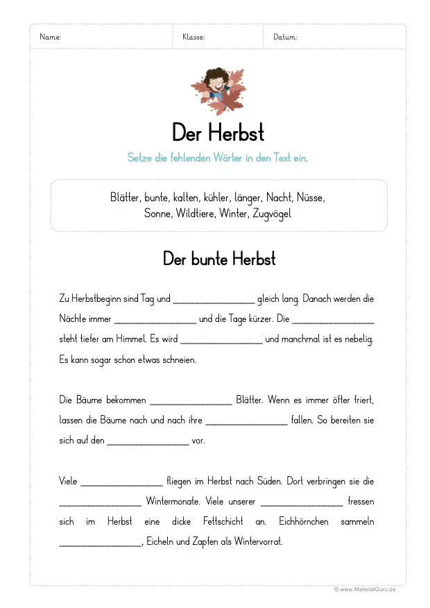 Arbeitsblatt: Lückentext zum Herbst