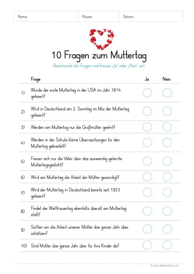 Arbeitsblatt: 10 Fragen zum Muttertag