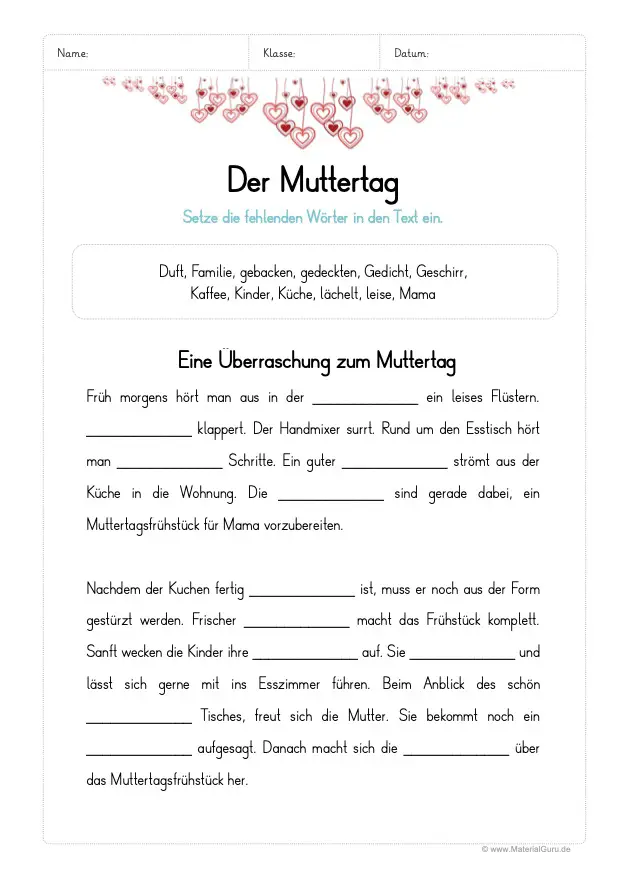 Arbeitsblatt: Lückentext zum Muttertag