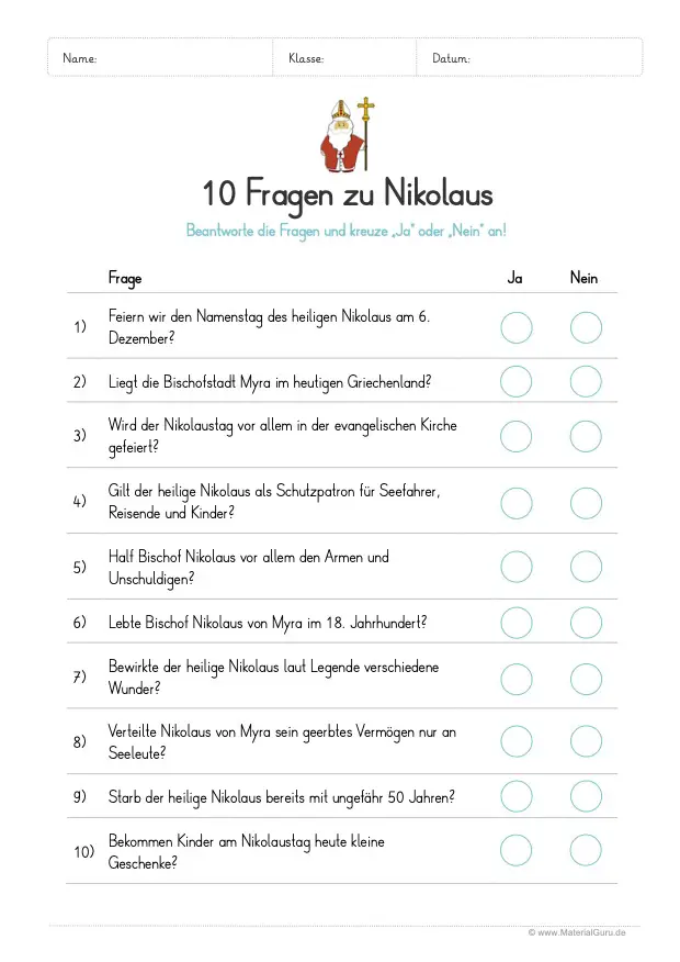 Arbeitsblatt: 10 Fragen zum Nikolaus