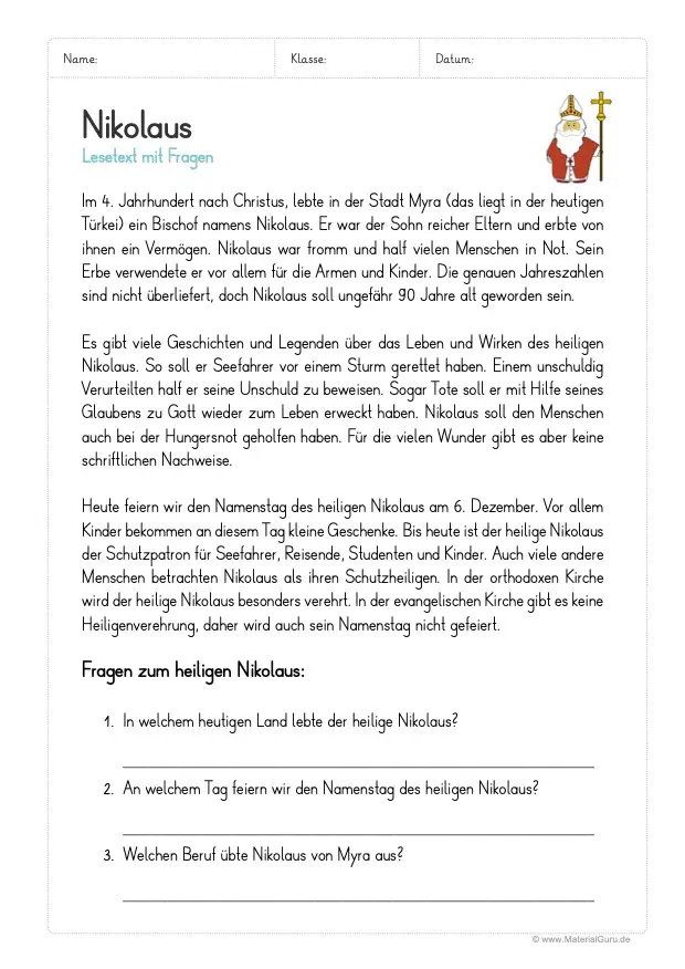 Arbeitsblatt: Nikolaus Lesetext mit 3 Fragen