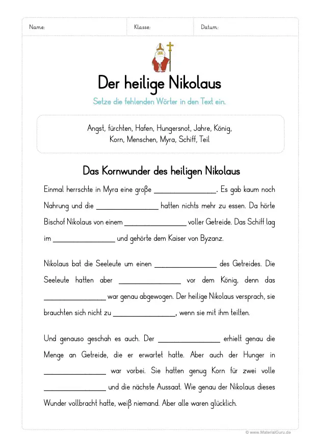 Arbeitsblatt: Nikolaus Lückentext