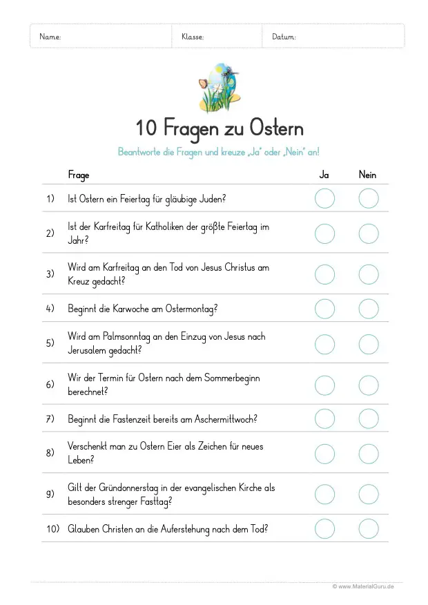 Arbeitsblatt: 10 Fragen zu ostern