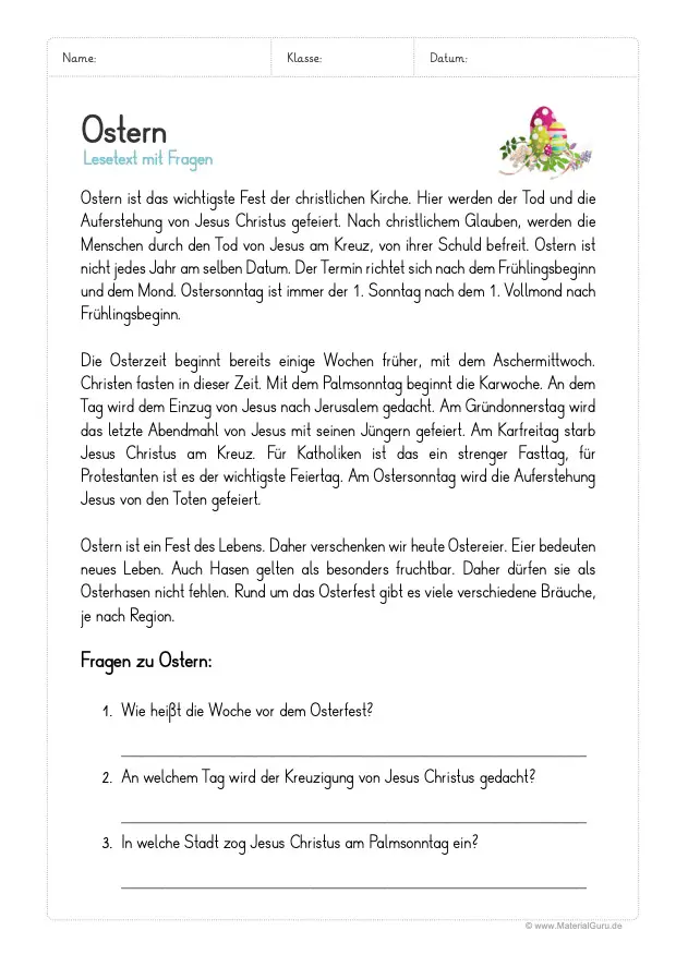 Arbeitsblatt: Lesetext zu Ostern (mit Fragen)