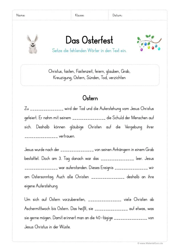 Arbeitsblatt: Lückentext zu Ostern