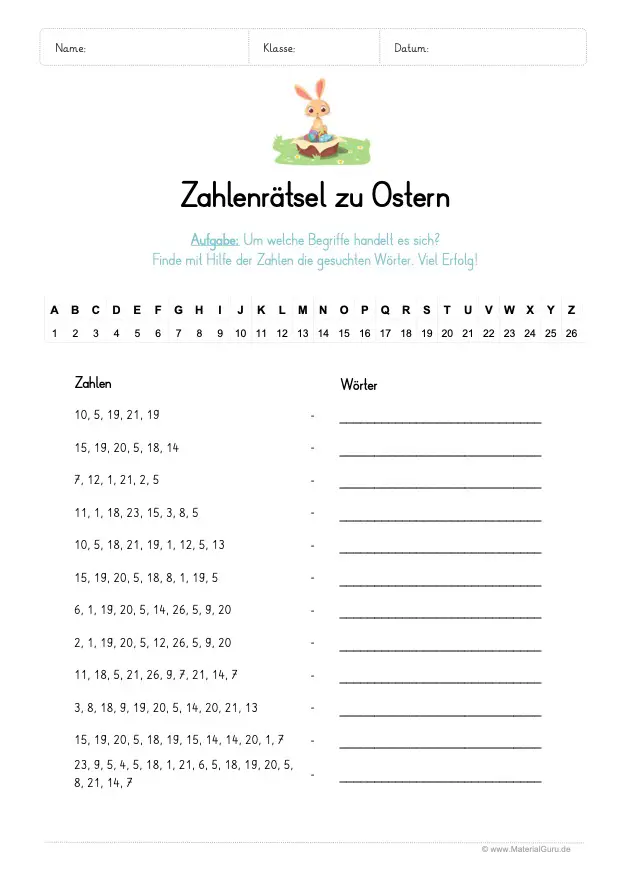 Arbeitsblatt: Zahlenrätsel zu Ostern