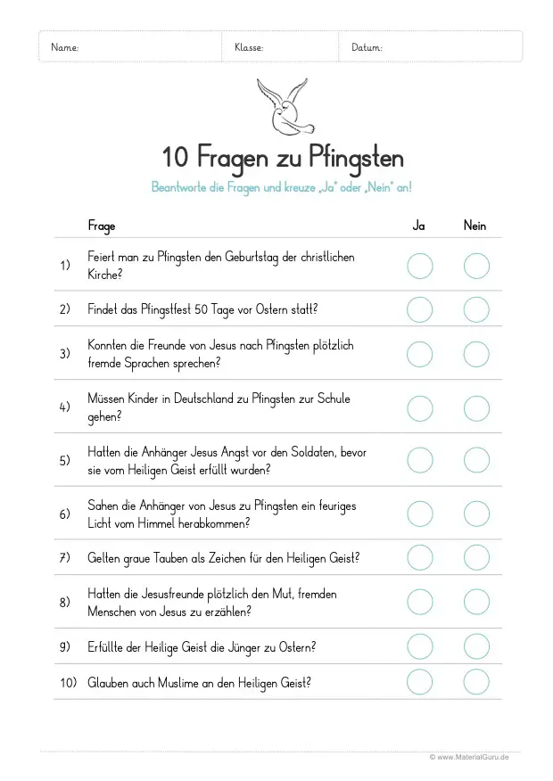 Arbeitsblatt: 10 Fragen über Pfingsten