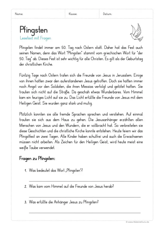 Arbeitsblatt: Lesetext zu Pfingsten (mit 3 Fragen)
