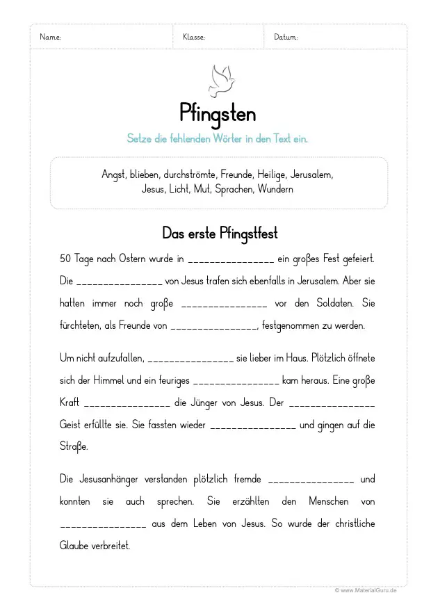 Arbeitsblatt: Pfingsten Lückentext