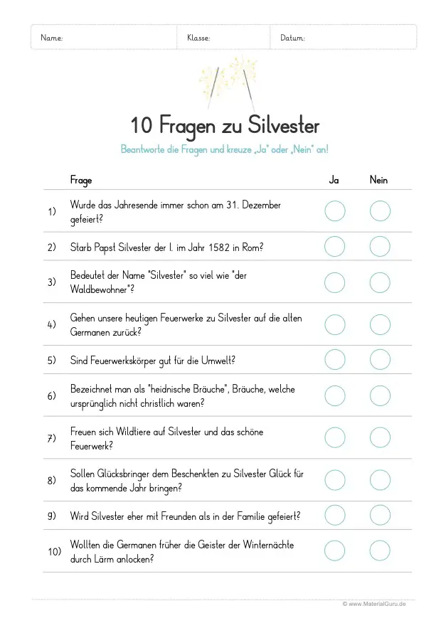 Arbeitsblatt: 10 Fragen zu Silvester