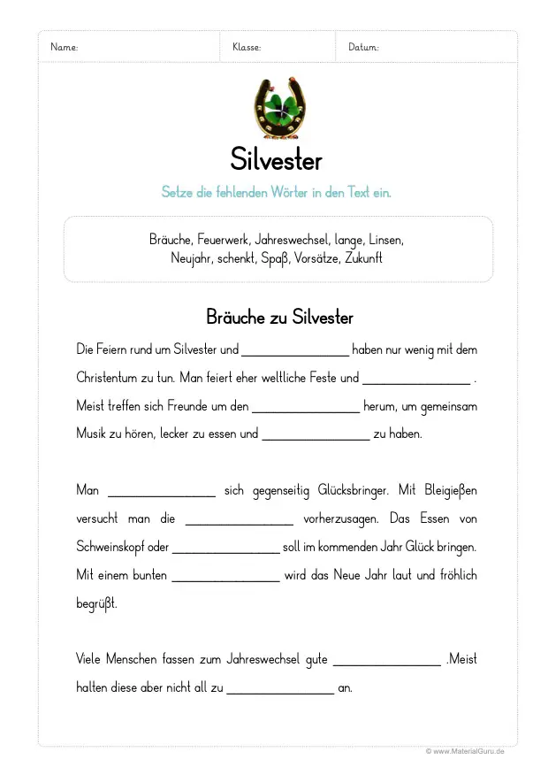 Arbeitsblatt: Lückentext zu Silvester