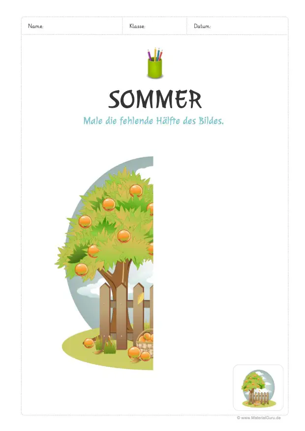 Arbeitsblatt: Fehlende Hälfte des Sommer-Bildes zeichnen (Baum)
