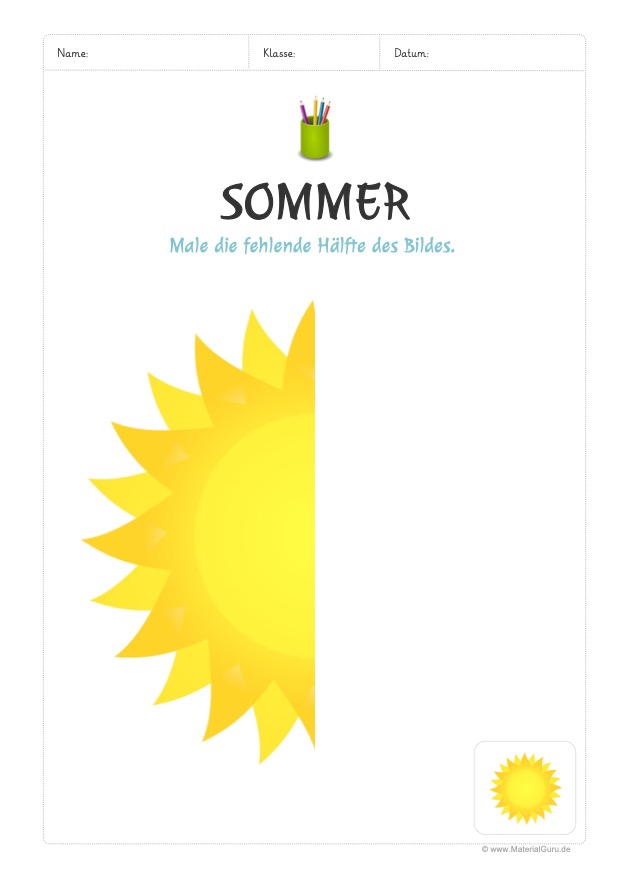 Arbeitsblatt: Fehlende Hälfte des Sommer-Bildes zeichnen (Sonne)