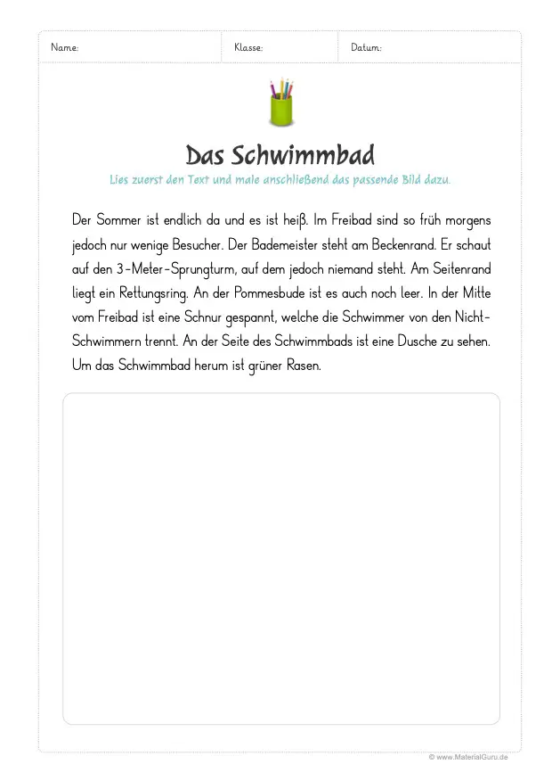 Arbeitsblatt: Lesen und Malen (Das Schwimmbad)