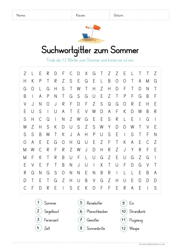 Arbeitsblatt: Suchsel Sommer
