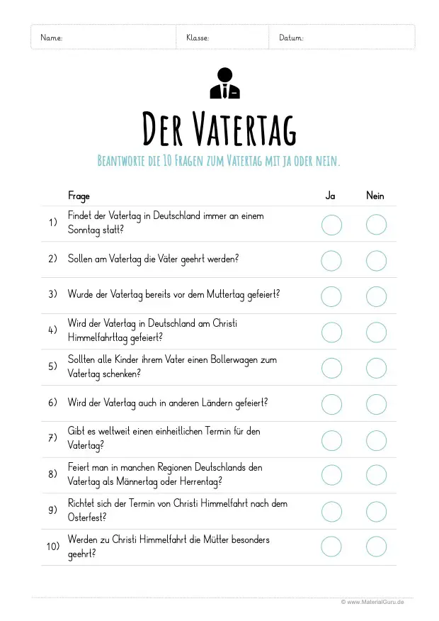 Arbeitsblatt: 10 Fragen zum Vatertag