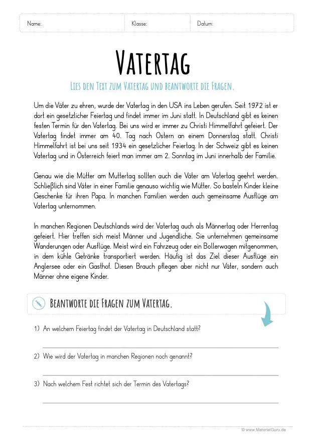 Arbeitsblatt: Lesetext zum Vatertag