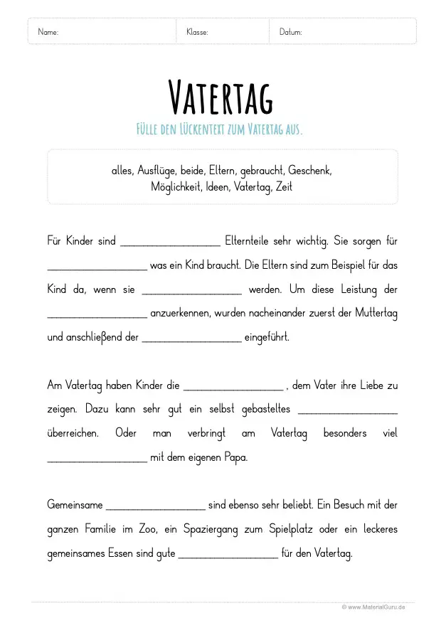 Arbeitsblatt: Lückentext zum Vatertag