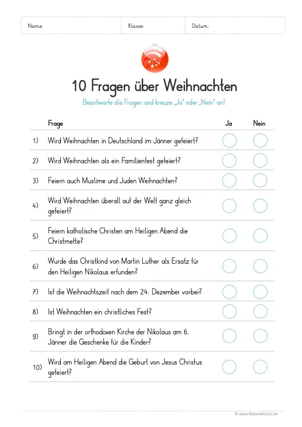 Arbeitsblatt: 10 Fragen über Weihnachten