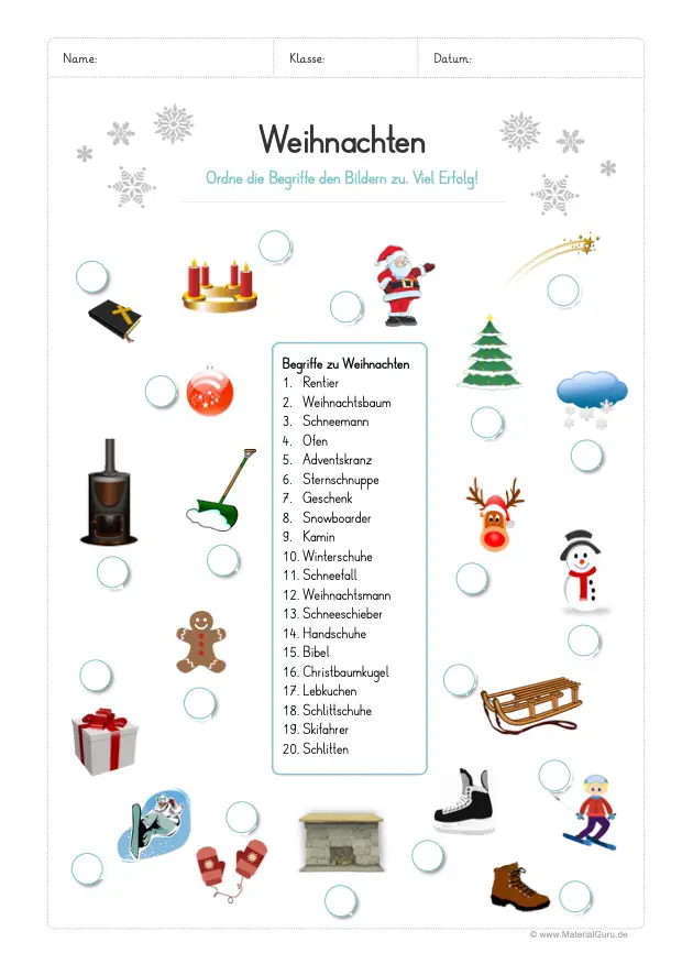 Arbeitsblatt: 20 Abbildungen zu Weihnachten zuordnen