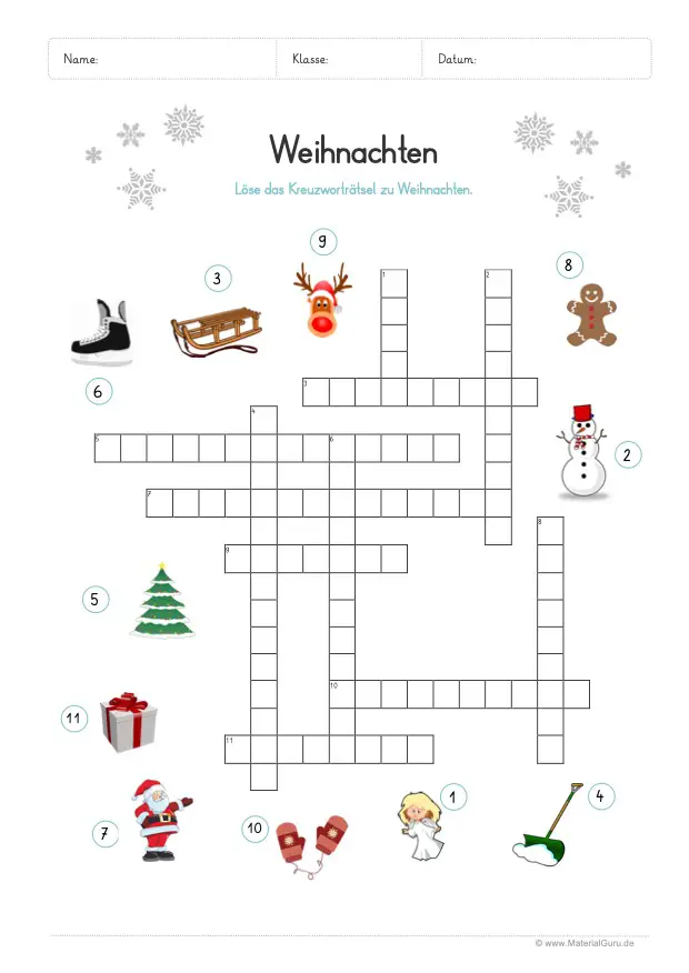 Arbeitsblatt: Kreuzworträtsel Weihnachten