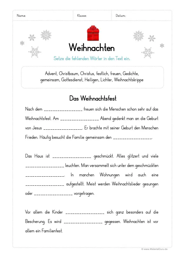 Arbeitsblatt: Lückentext zu Weihnachten