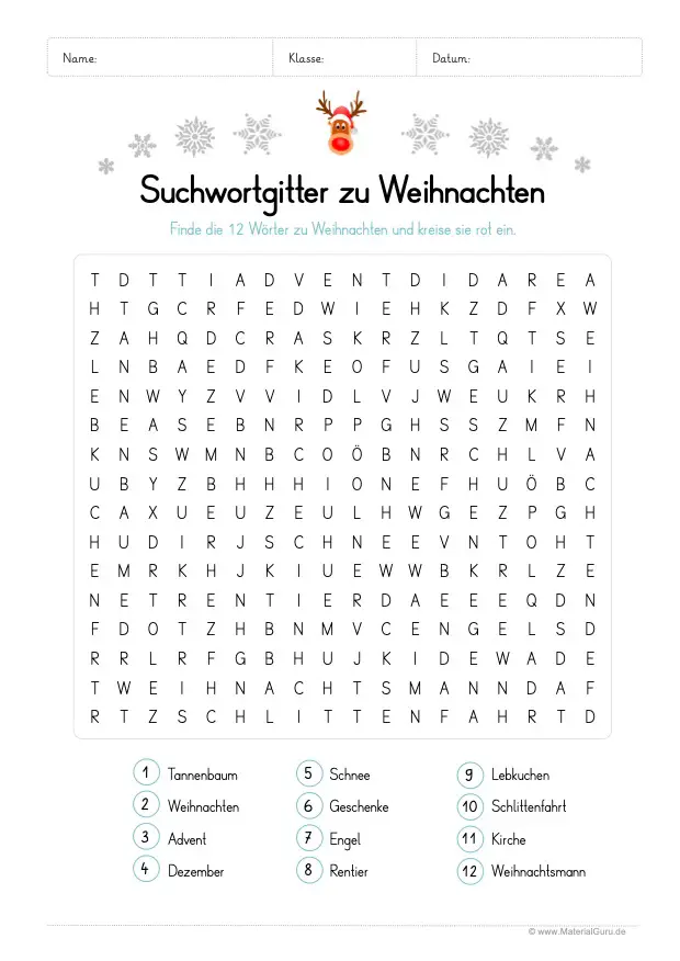 Arbeitsblatt: Suchwortgitter zu Weihnachten