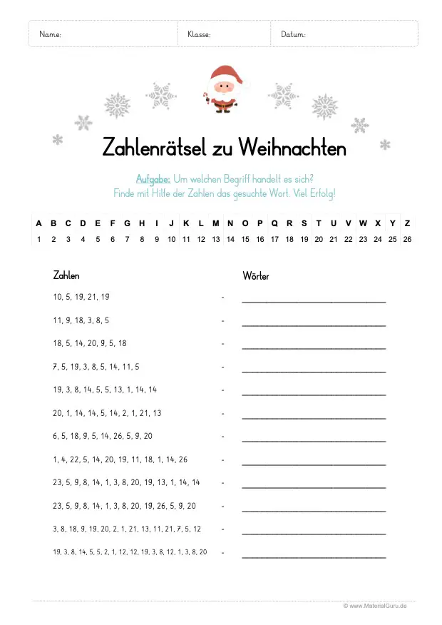 Arbeitsblatt: Zahlenrätsel zu Weihnachten