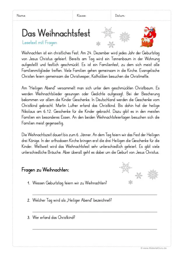 Arbeitsblatt: Lesetext - Das Weihnachtsfest