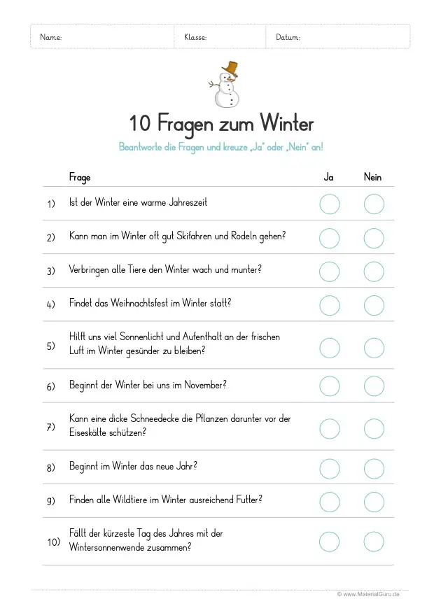 Arbeitsblatt: 10 Fragen zum Winter
