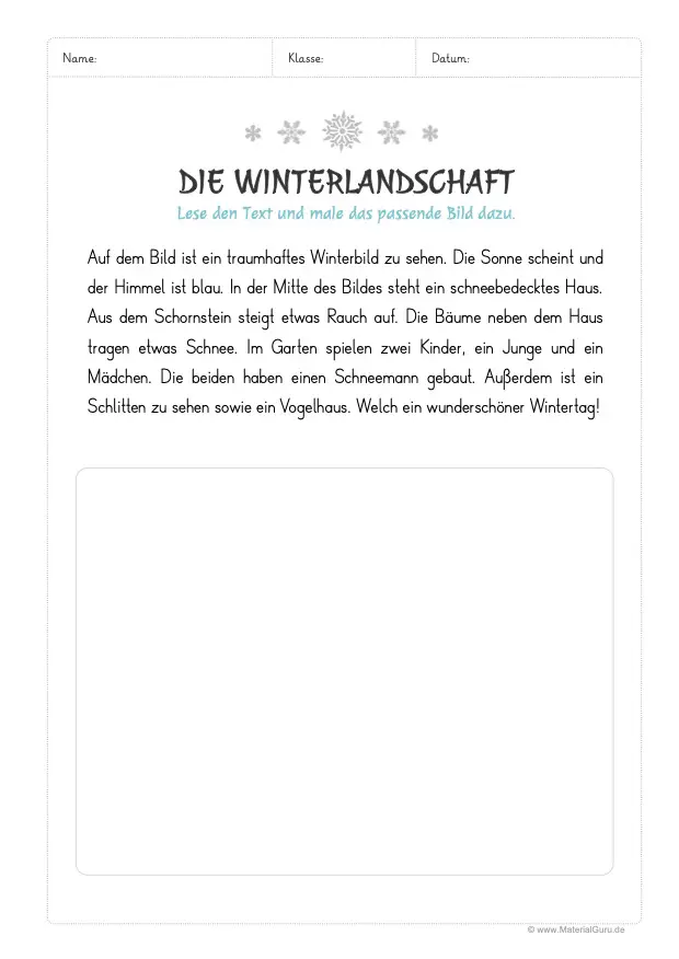 Arbeitsblatt: Lesen und Malen - Winterbild