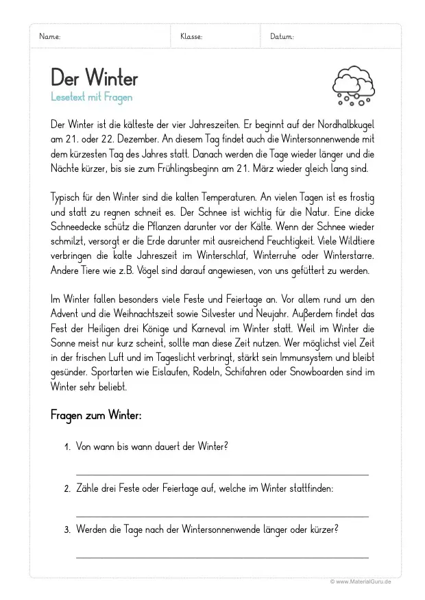 Arbeitsblatt: Lesetext zum Winter mit 3 Fragen