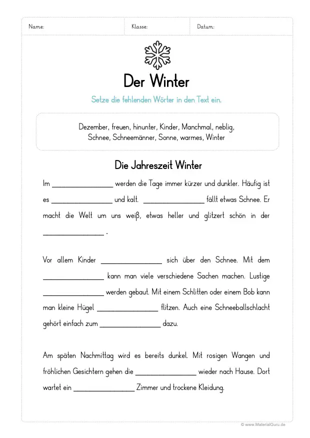 Arbeitsblatt: Lückentext Winter