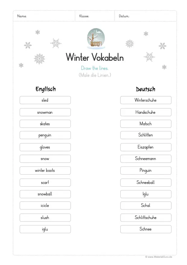 Arbeitsblatt: Winter Wörter übersetzen (Englisch/Deutsch)