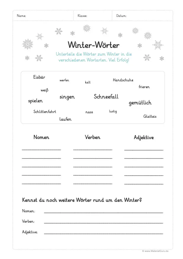 Arbeitsblatt: Winter Wörter in Wortarten unterteilen