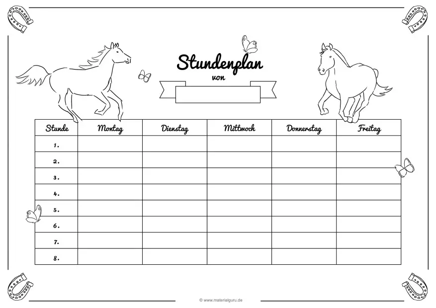 Stundenplan zum Ausmalen: Pferde
