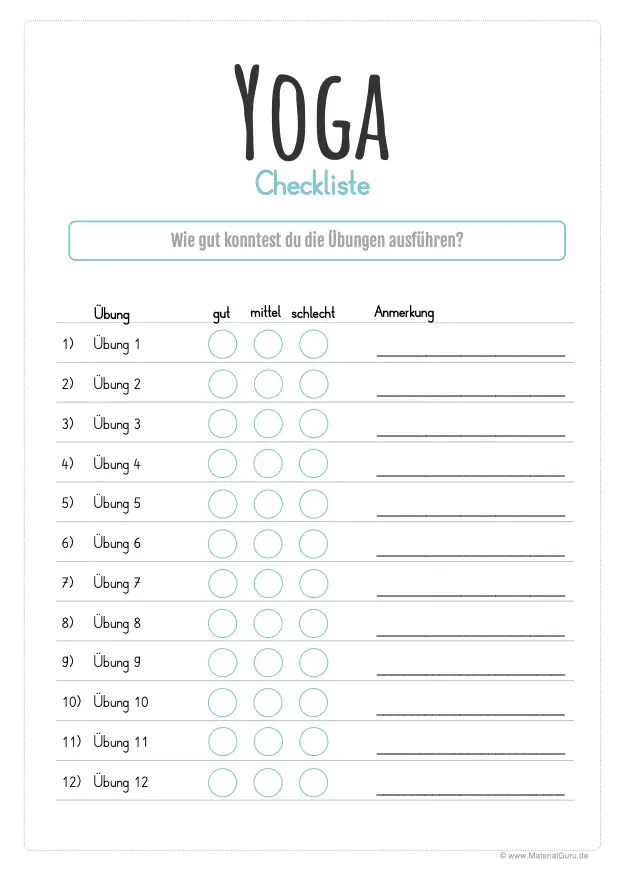 Arbeitsblatt: Checkliste - Yoga-Übungen für Kinder